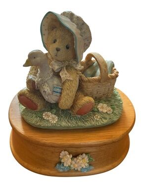 Vintage Cherished Teddies Blue and Cream Bear Music Box with Duck and Basket